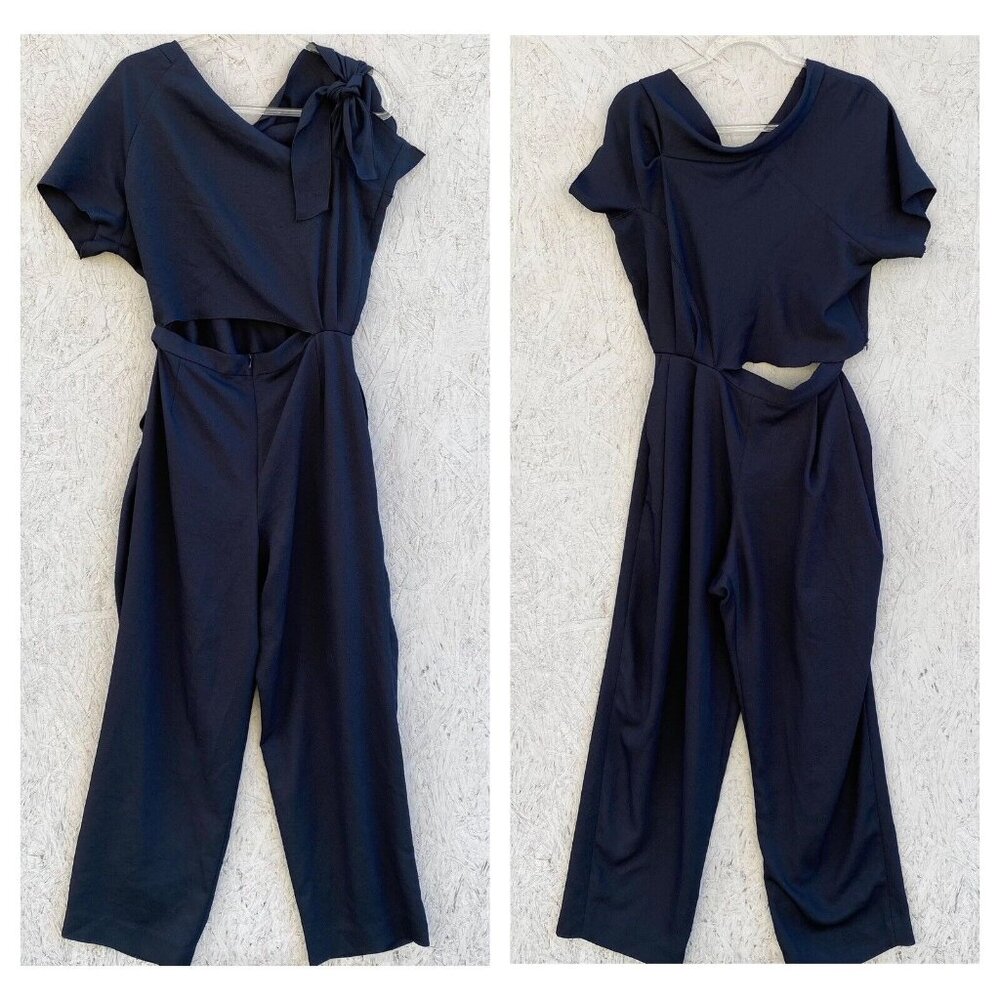 Rachel Comey Tie Shoulder Cut Out Waist Straight Leg Crepe Jumpsuit Sz 8 Navy